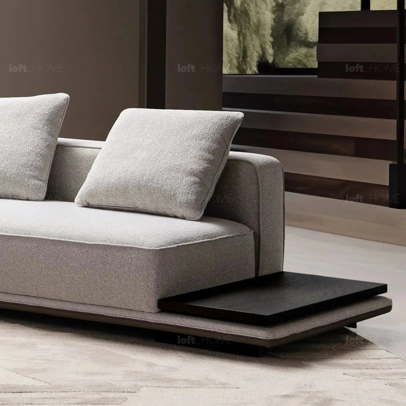 Minimalist mixed weave fabric modular l shape sectional sofa eleganza 7+l in panoramic view.