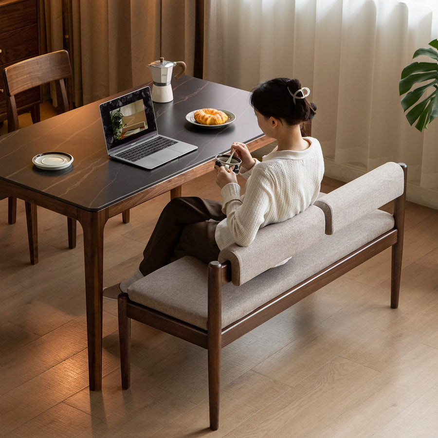 Scandinavian oak wood mixed weave fabric dining bench pillar walnut primary product view.