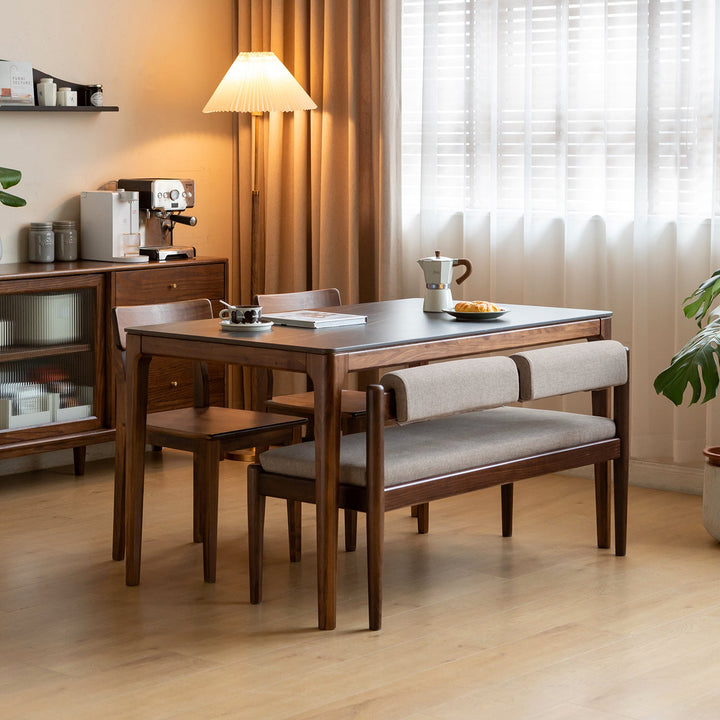 Scandinavian oak wood mixed weave fabric dining bench pillar walnut in still life.