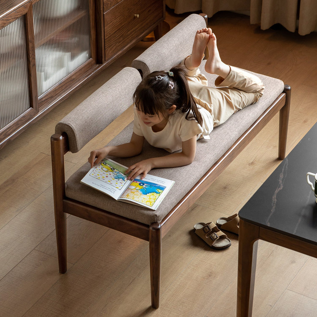 Scandinavian oak wood mixed weave fabric dining bench pillar walnut material variants.