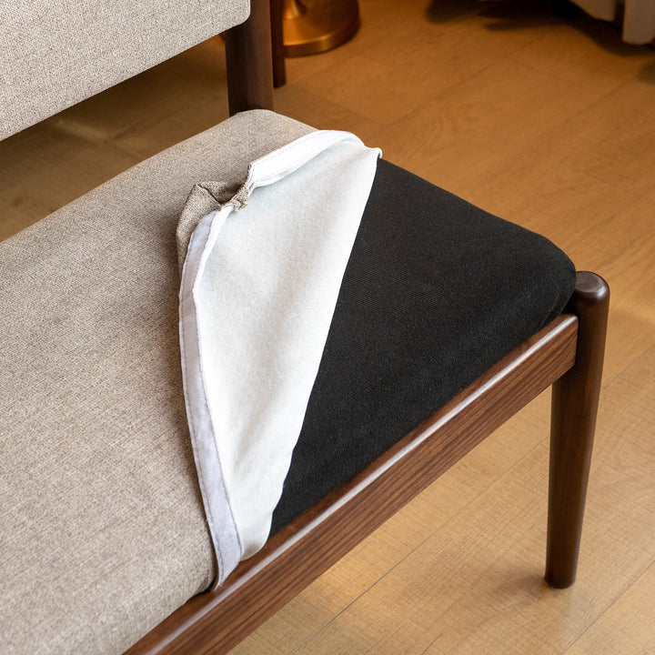 Scandinavian oak wood mixed weave fabric dining bench pillar walnut with context.