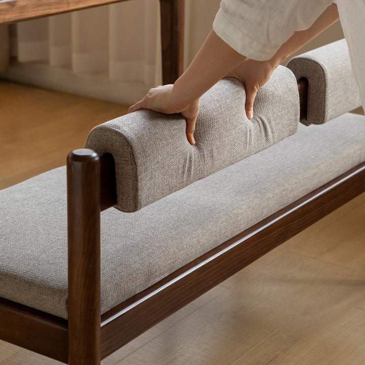 Scandinavian oak wood mixed weave fabric dining bench pillar walnut in details.