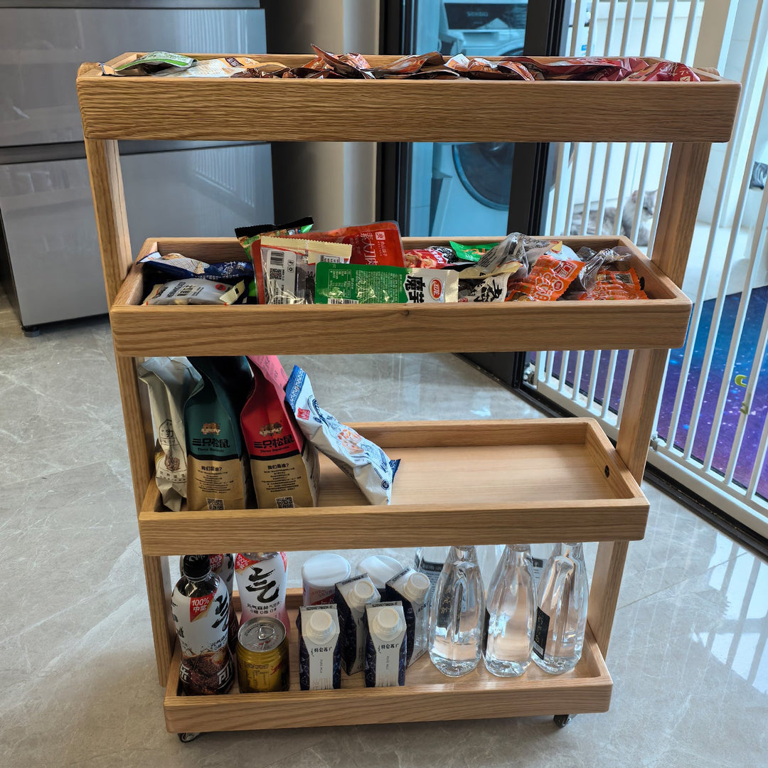 Scandinavian Oak Wood Wheeled Trolley Side Table MIRA