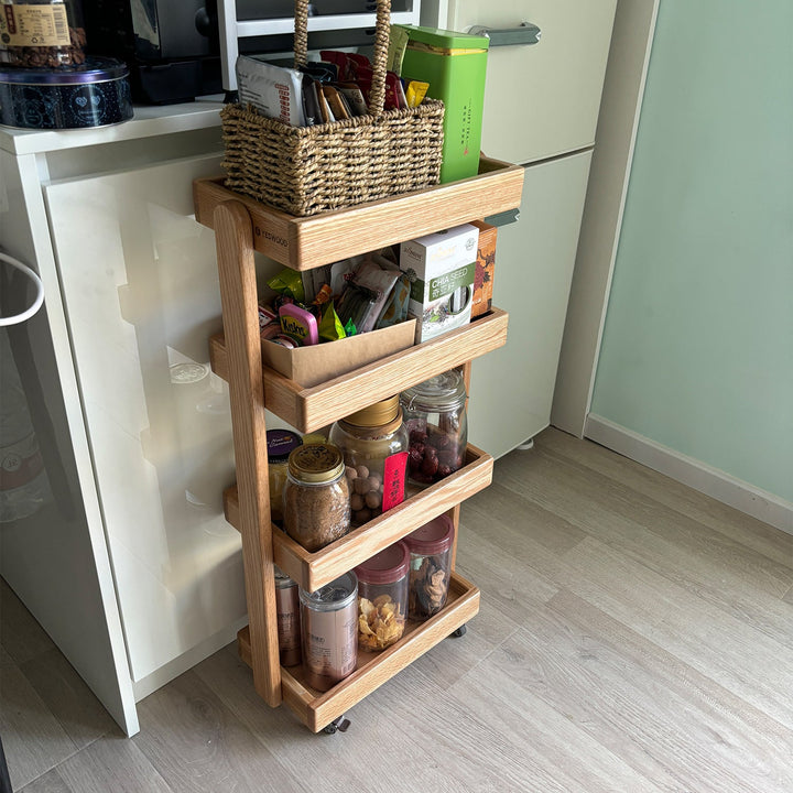 Scandinavian oak wood wheeled trolley side table mira detail 2.