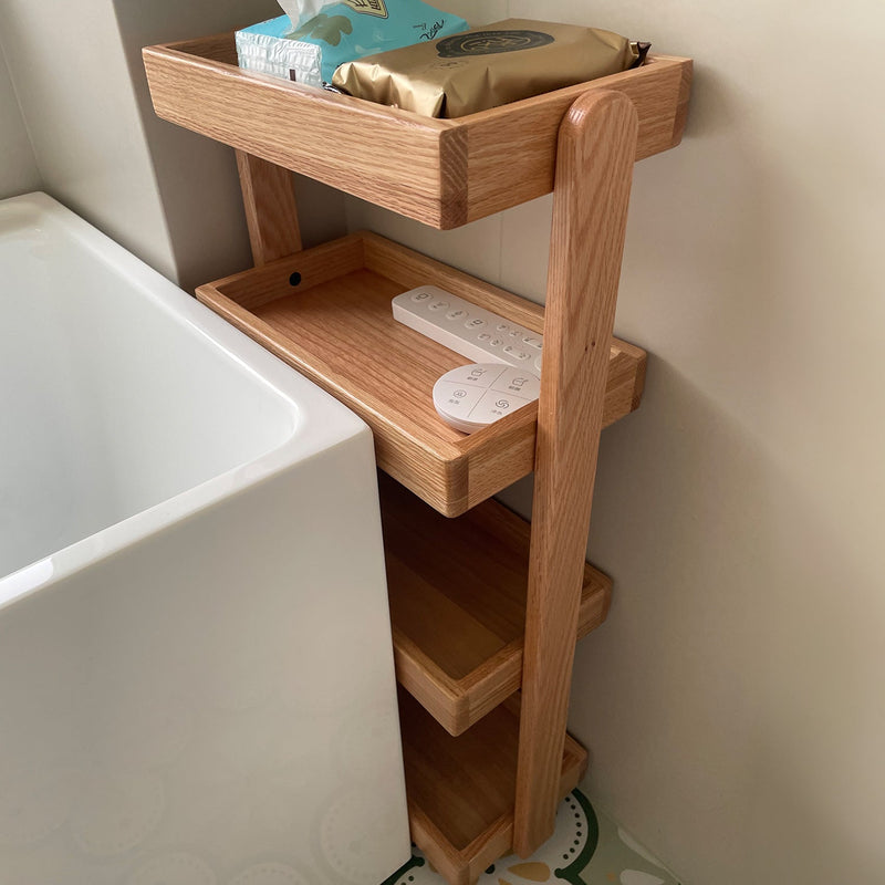 Scandinavian oak wood wheeled trolley side table mira detail 3.