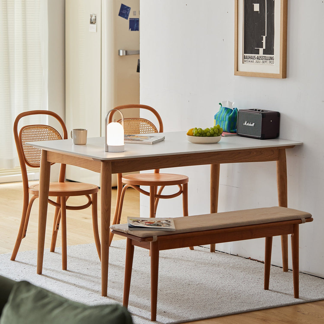 Scandinavian sintered stone dining table green in still life.