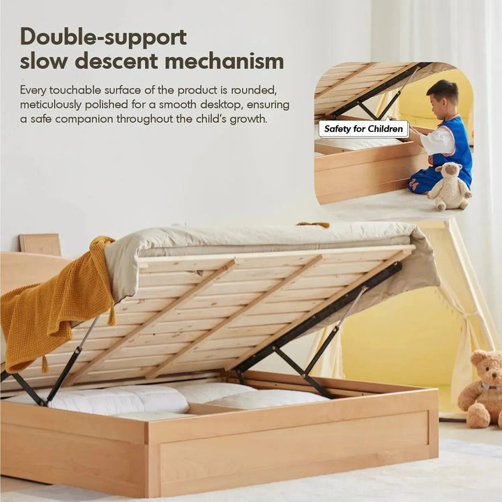 Scandinavian wood kids storage bed bear in still life.