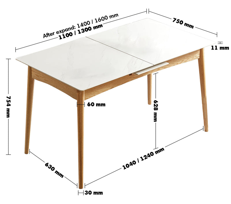 Scandinavian Extendable Sintered Stone Dining Table GRACEFUL CHARM Size Chart