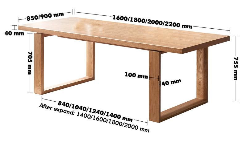 Scandinavian Oak Wood Dining Table KUMO Size Chart