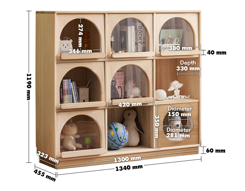 Scandinavian Wood Kids Display Cabinet ARCHI Size Chart