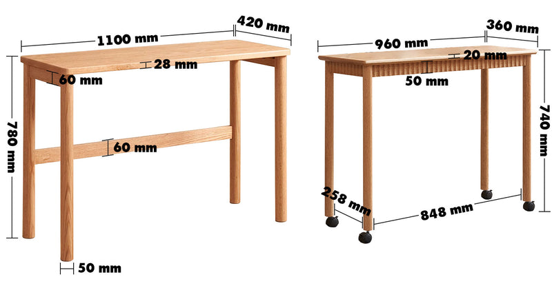 Scandinavian Wood Caster Wheel Extendable Study Table TWIN LAYER Size Chart