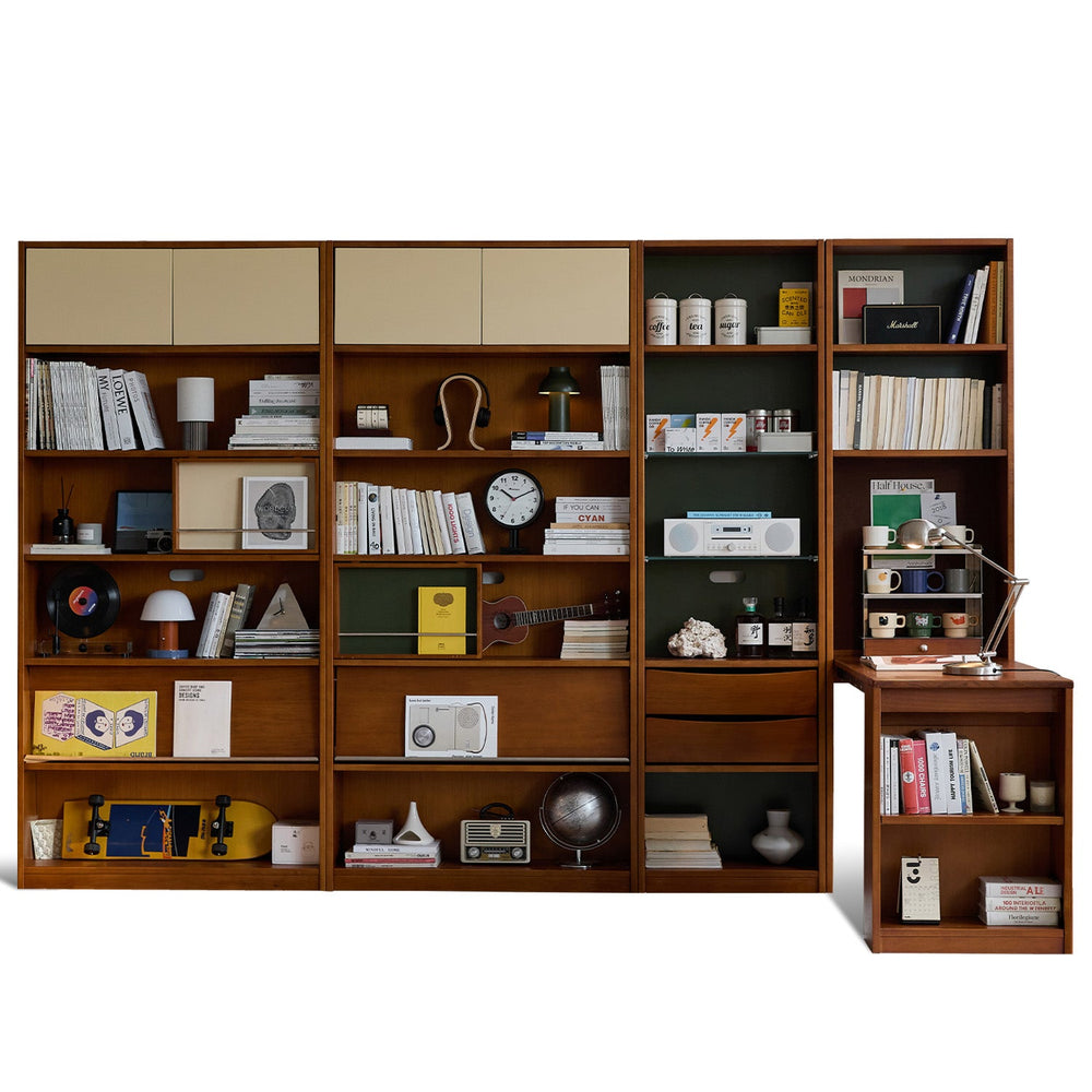 Vintage boxwood extendable study desk boodshelf mies in white background.