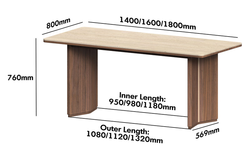 Japandi Walnut Wood Sintered Stone Dining Table STRATON Size Chart
