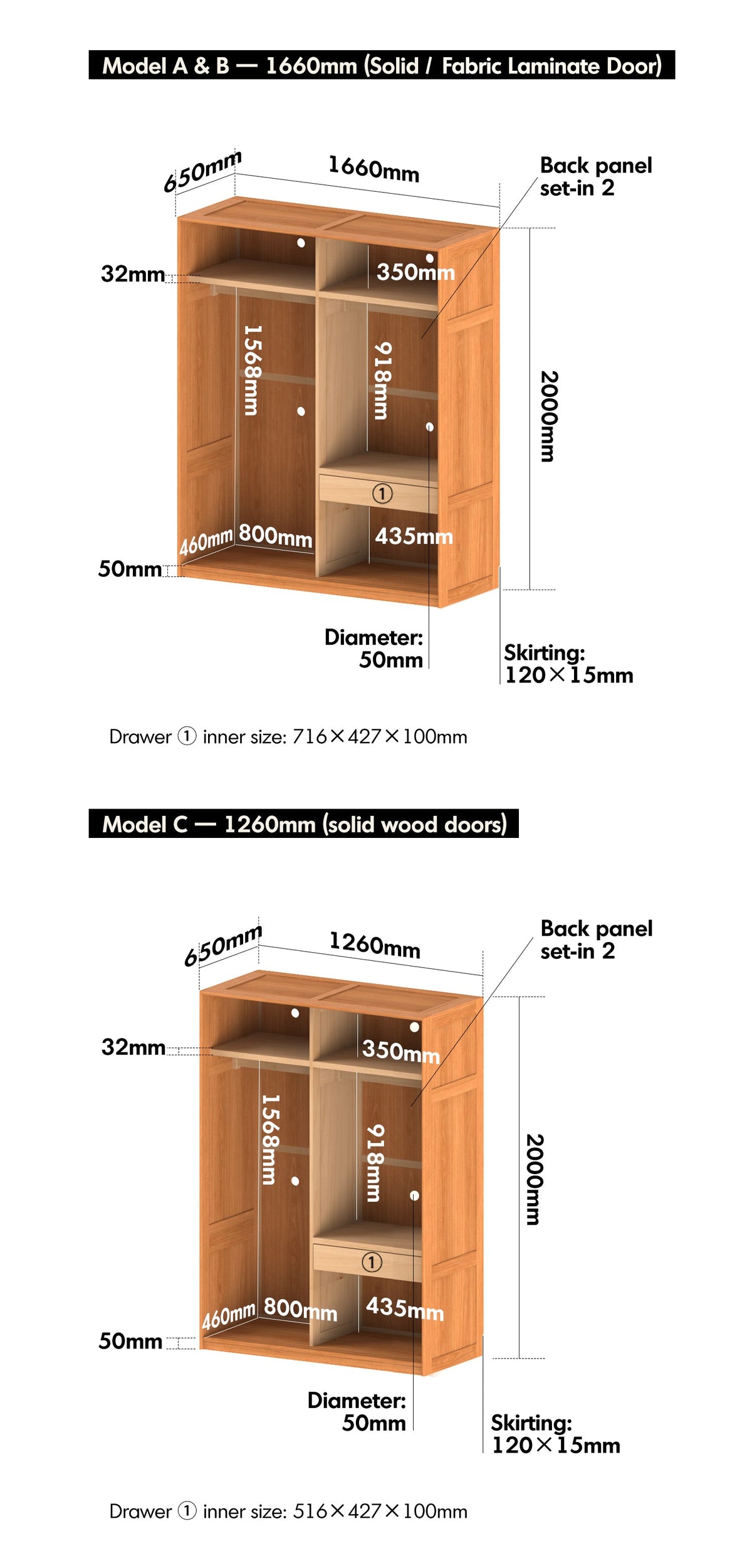 Scandinavian Cherry Wood Sliding Door Wardrobe KANGAROO Size Chart