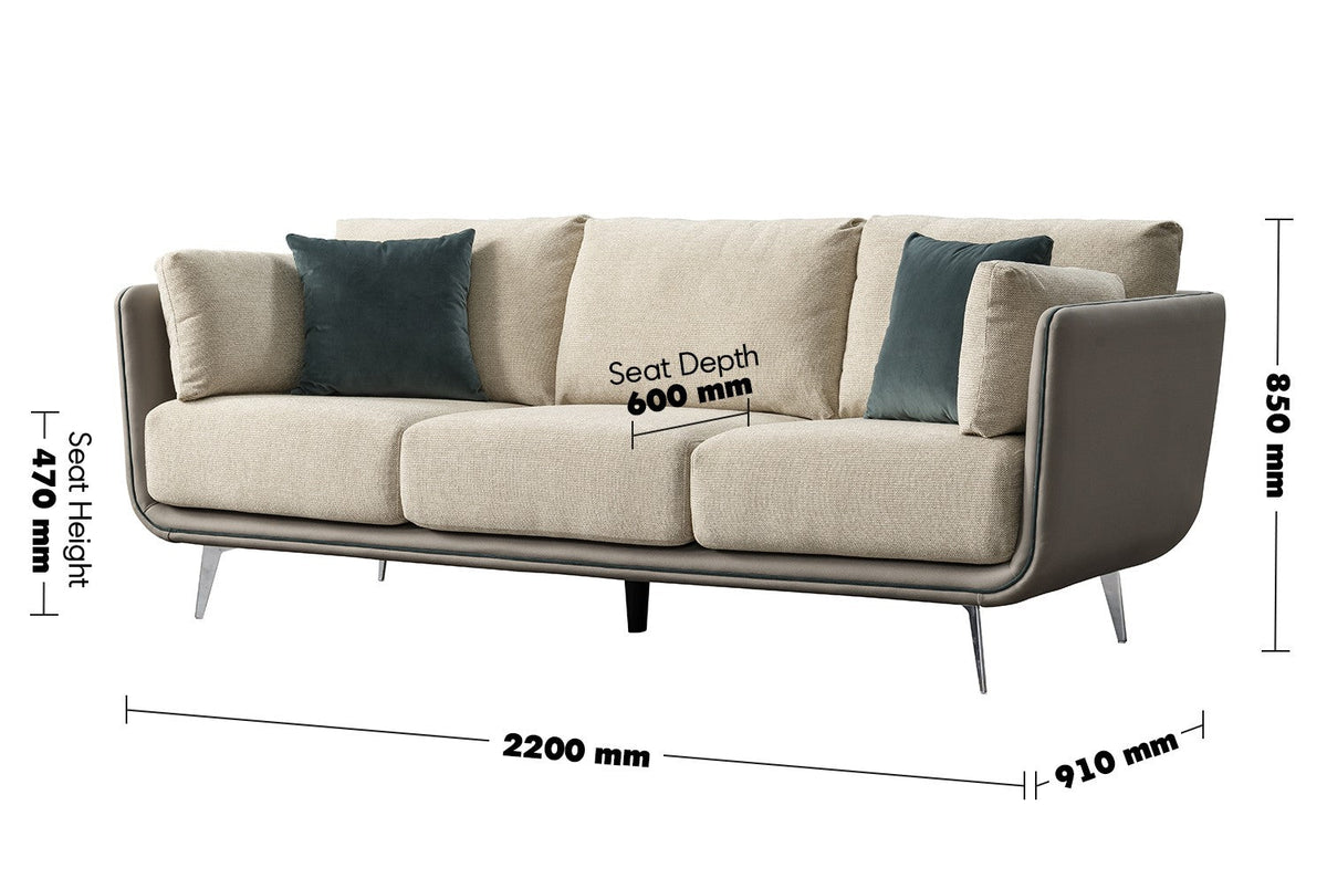 Modern Mixed Weave Fabric Microfiber Leather 3 Seater Sofa VANTA Size Chart