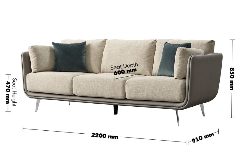 Modern Mixed Weave Fabric Microfiber Leather 3 Seater Sofa VANTA Size Chart