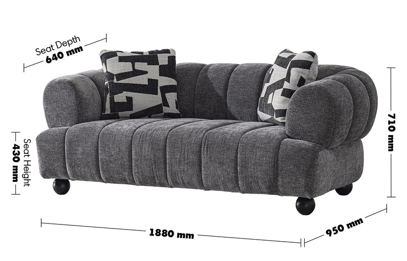Modern Velvet Fabric 2 Seater Sofa RAVEN Size Chart