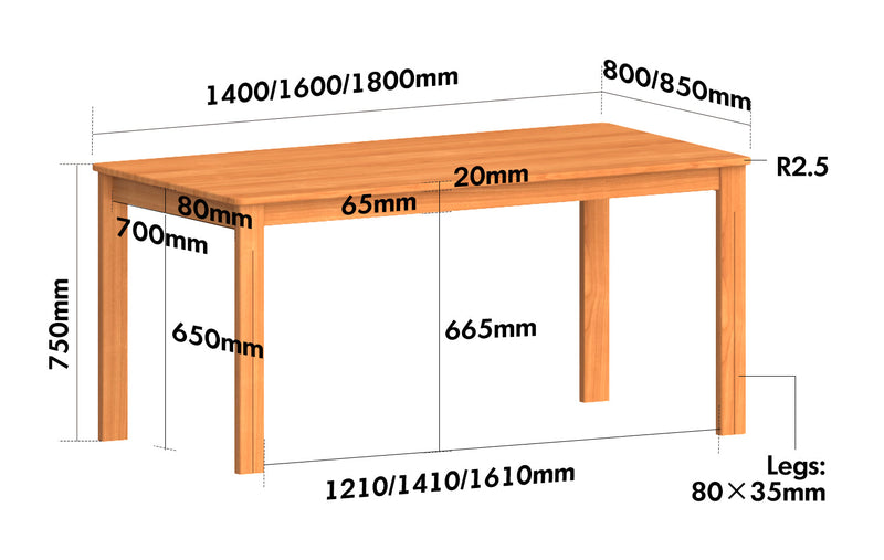 Scandinavian Cherry Wood Dining Table ECLIPSE Size Chart