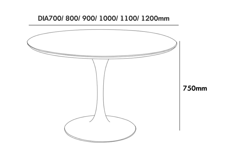 Minimalist Plywood Round Dining Table TULIP Size Chart