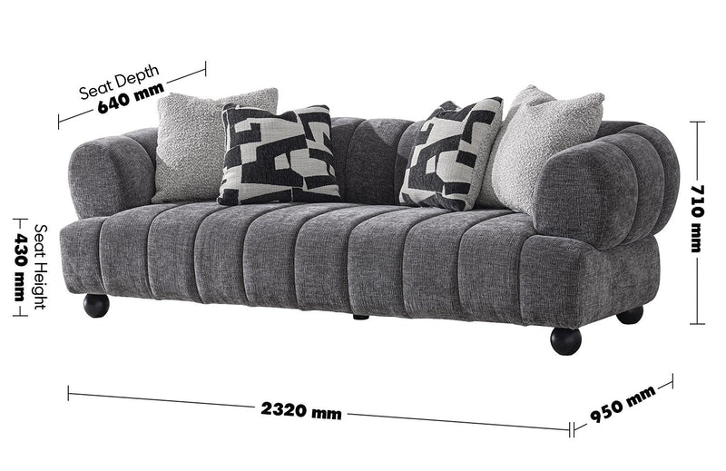 Modern Velvet Fabric 3 Seater Sofa RAVEN Size Chart