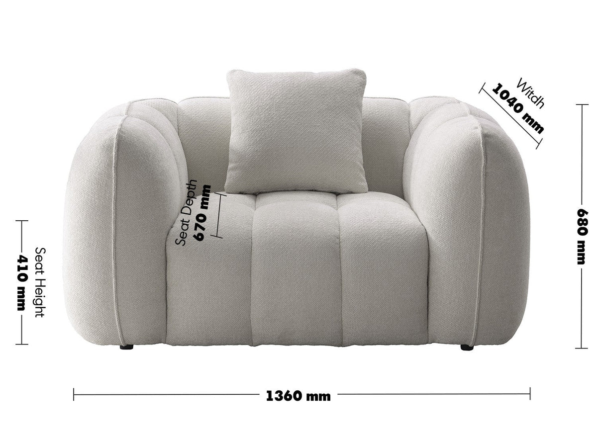 Cream Mixed Weave Fabric 1 Seater Sofa PUDDY Size Chart