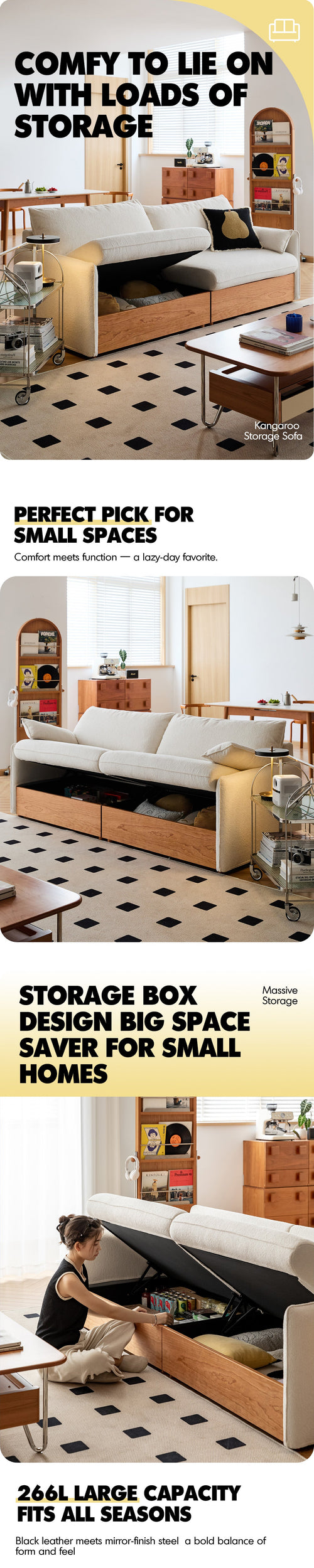 Scandinavian Boucle Fabric Pine Wood Storage 2 Seater Sofa KANGAROO Good to Know Preview-1