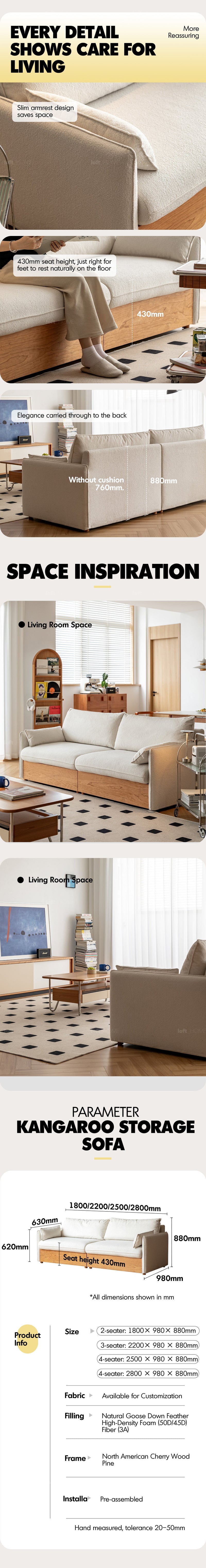 Scandinavian Boucle Fabric Pine Wood Storage 3 Seater Sofa KANGAROO More Details and Instruction_16