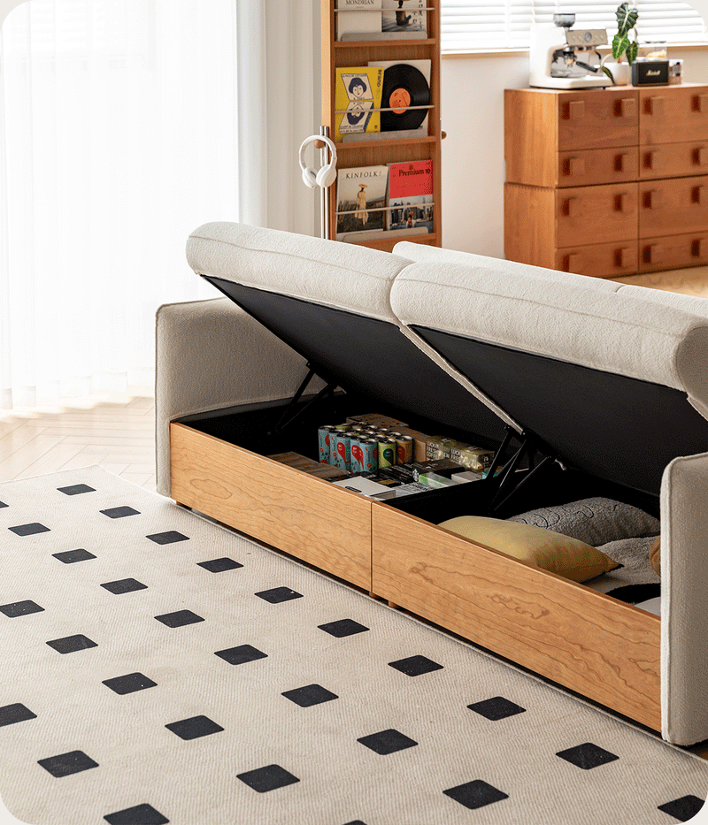 Scandinavian Boucle Fabric Pine Wood Storage 3 Seater Sofa KANGAROO More Details and Instruction_2