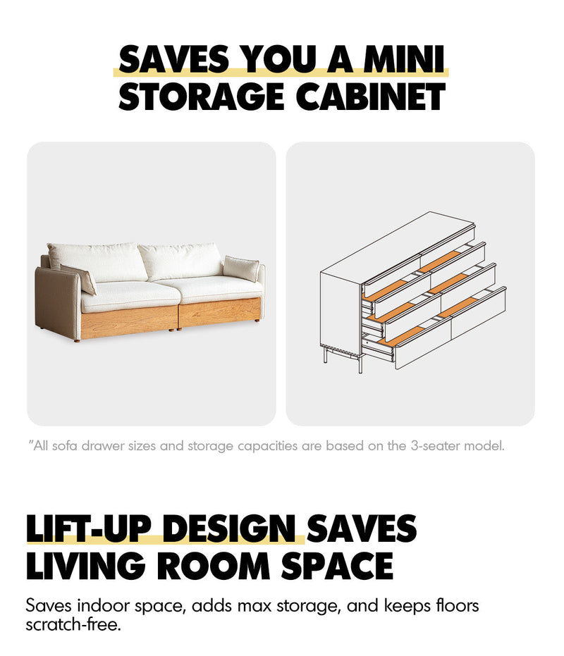Scandinavian Boucle Fabric Pine Wood Storage 3 Seater Sofa KANGAROO More Details and Instruction_3