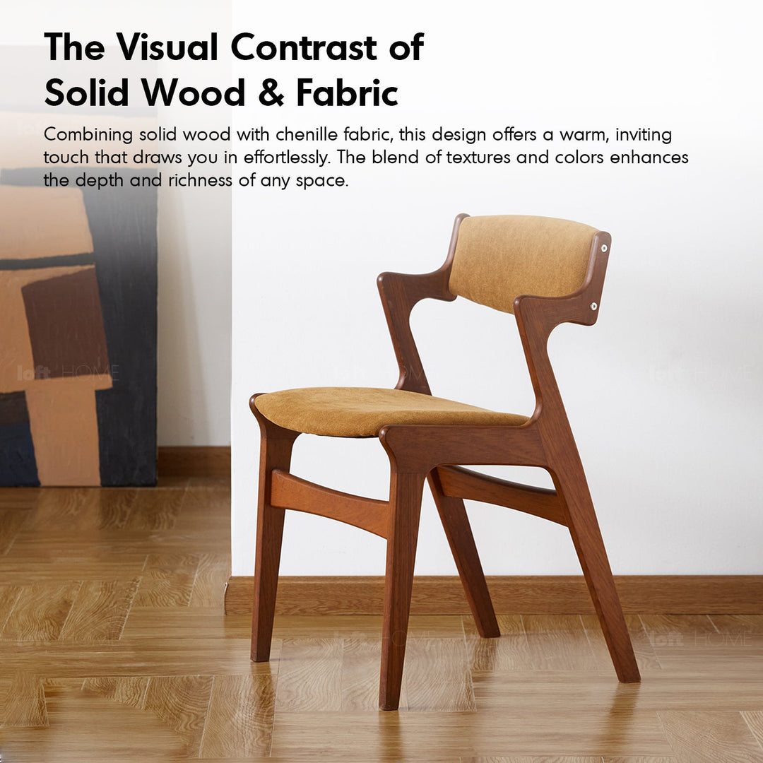 Bauhaus beech wood chenille velvet fabric dining chair zeta in close up details.