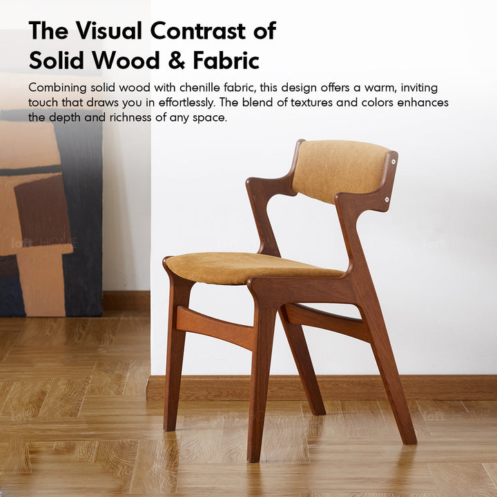 Bauhaus beech wood chenille velvet fabric dining chair zeta in close up details.