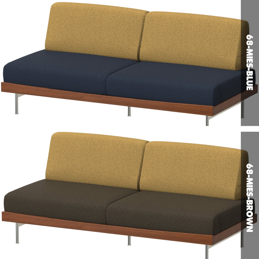 Two views of a two-seater sofa with different color options on a white background.