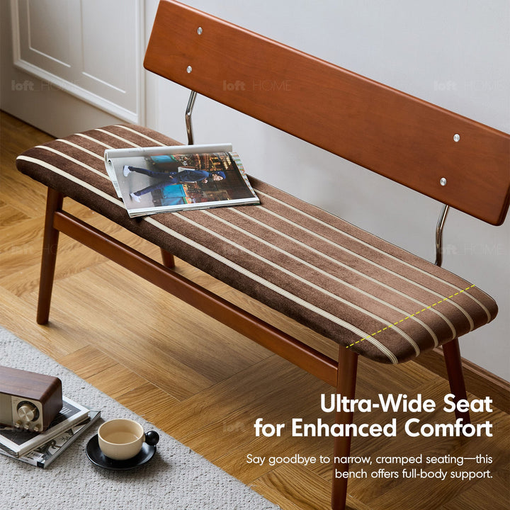 Vintage boxwood mix weave fabric cushion dining bench truffle in still life.