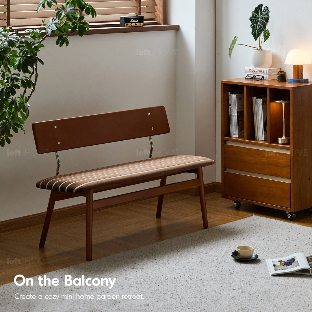 Bauhaus boxwood mix weave fabric cushion dining bench truffle with context.