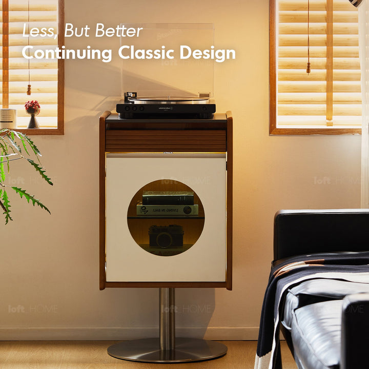 Bauhaus boxwood sintered stone side cabinet rams in real life style.