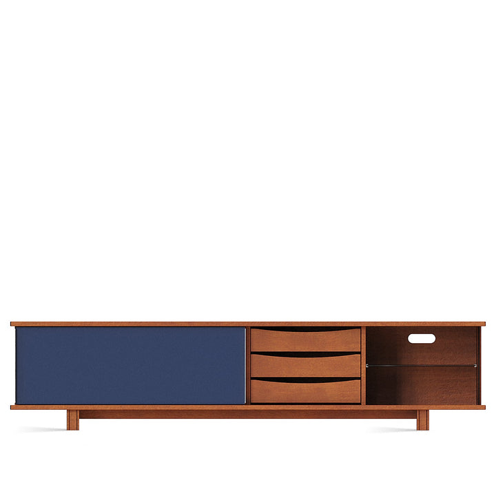 Bauhaus boxwood sliding door tv console mist in white background.