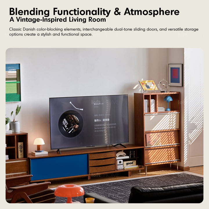 Vintage boxwood sliding door tv console mist in real life style.