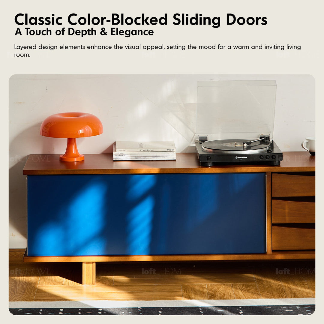 Vintage boxwood sliding door tv console mist in details.