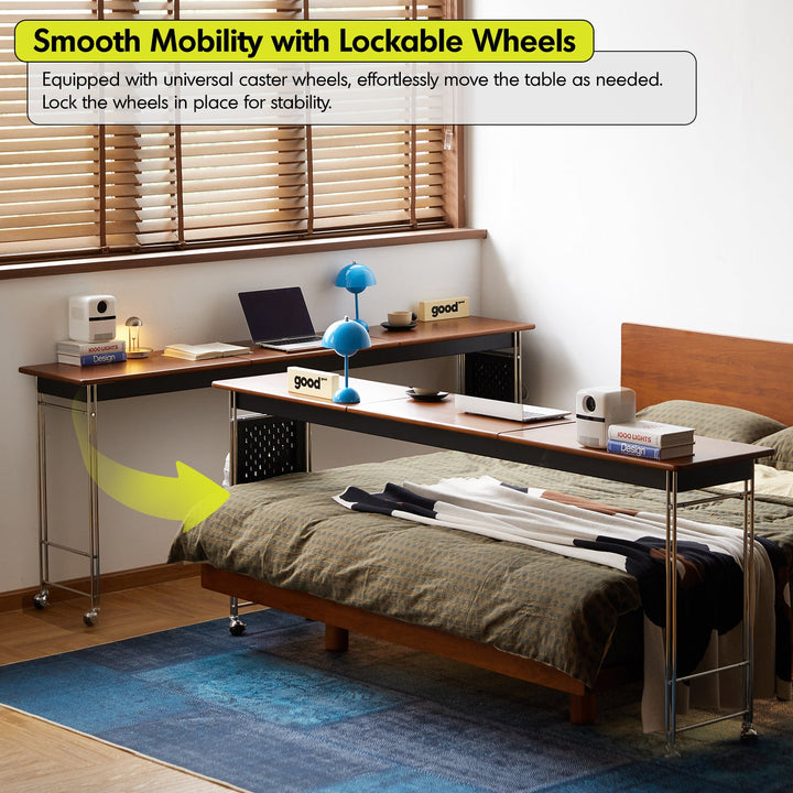 Bauhaus boxwood stainless steel mobile overbed table sereni in panoramic view.