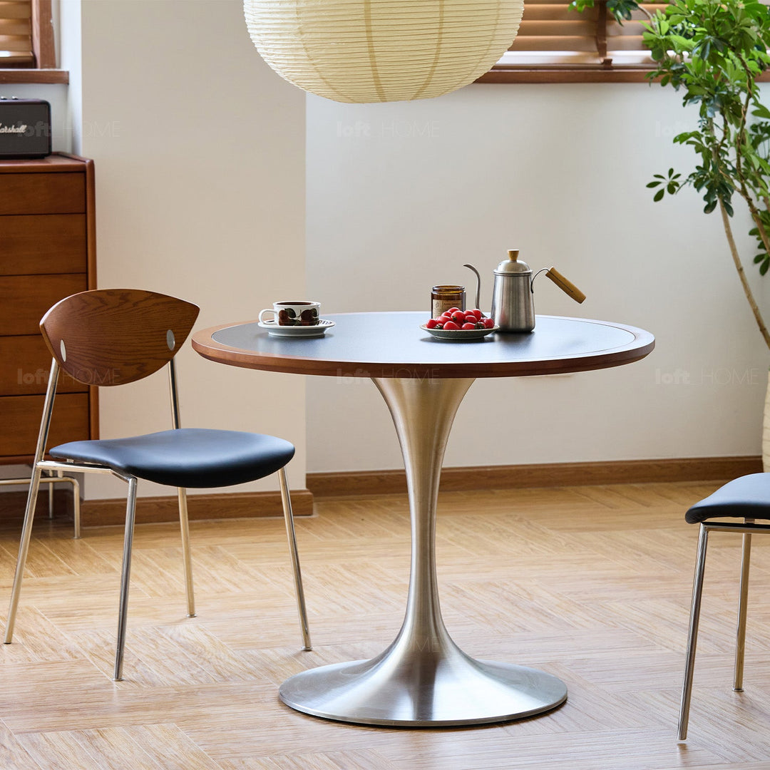 Bauhaus boxwood stainless steel round dining table tulip detail 22.