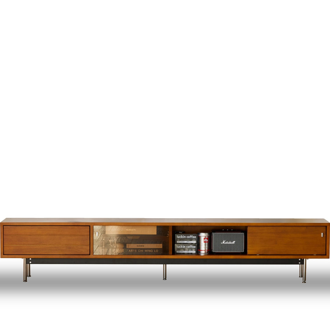 Bauhaus boxwood tv console bach in white background.