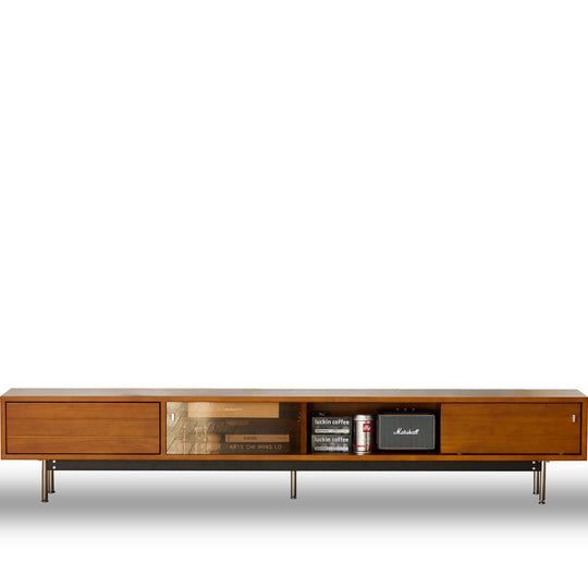 Bauhaus boxwood tv console bach in white background.