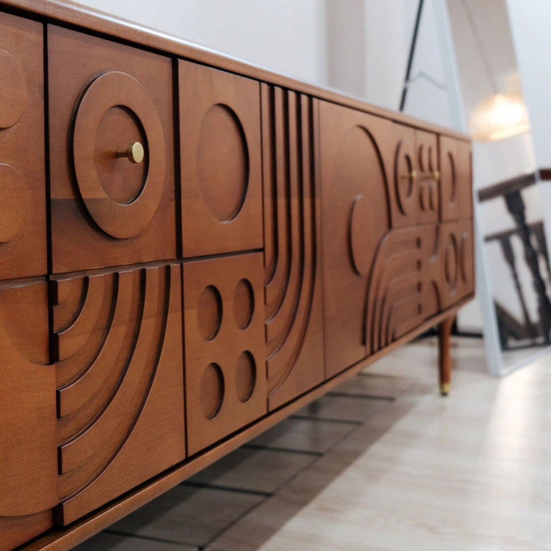 Vintage boxwood tv console madrid layered structure.