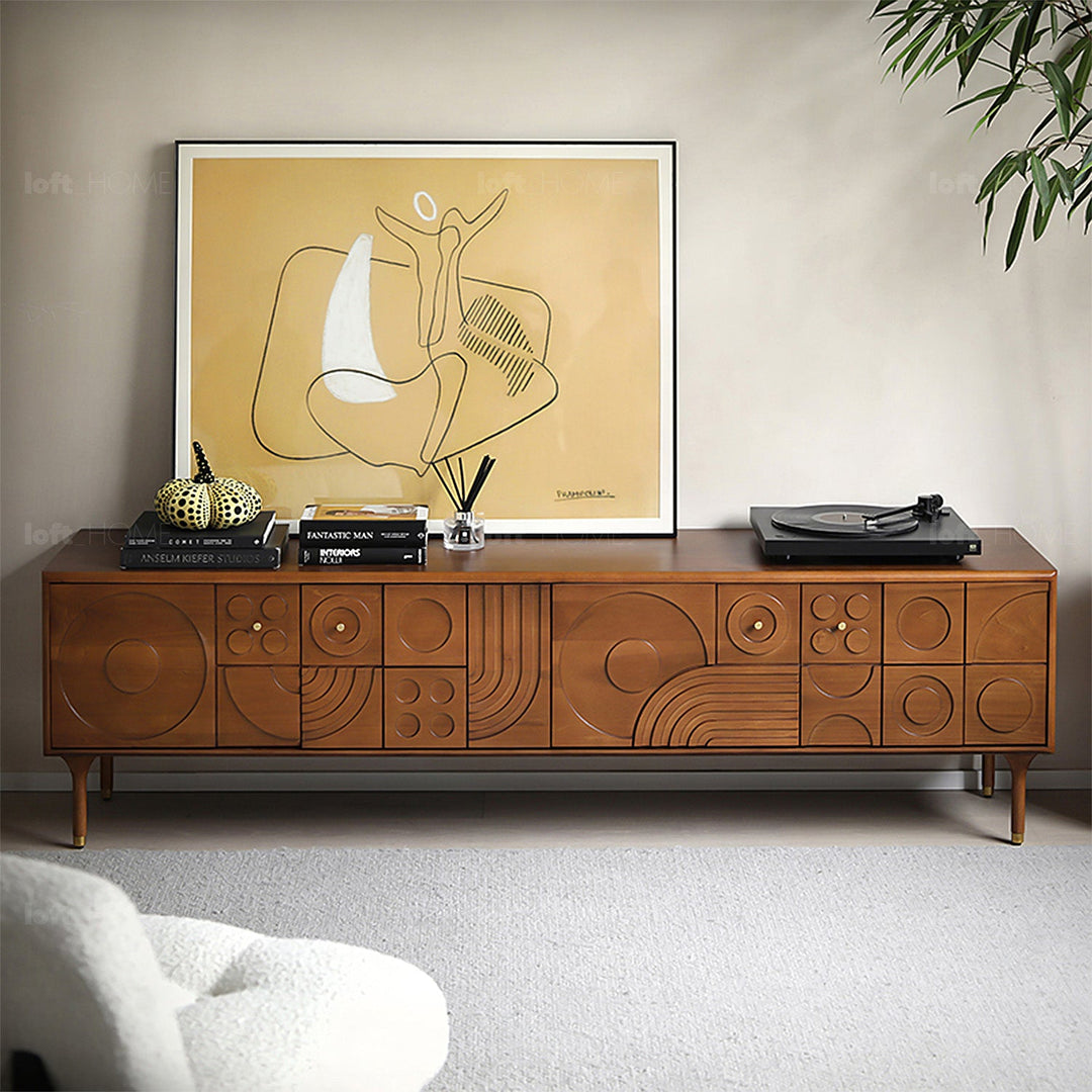 Vintage boxwood tv console madrid in real life style.