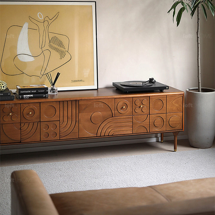 Vintage boxwood tv console madrid in details.