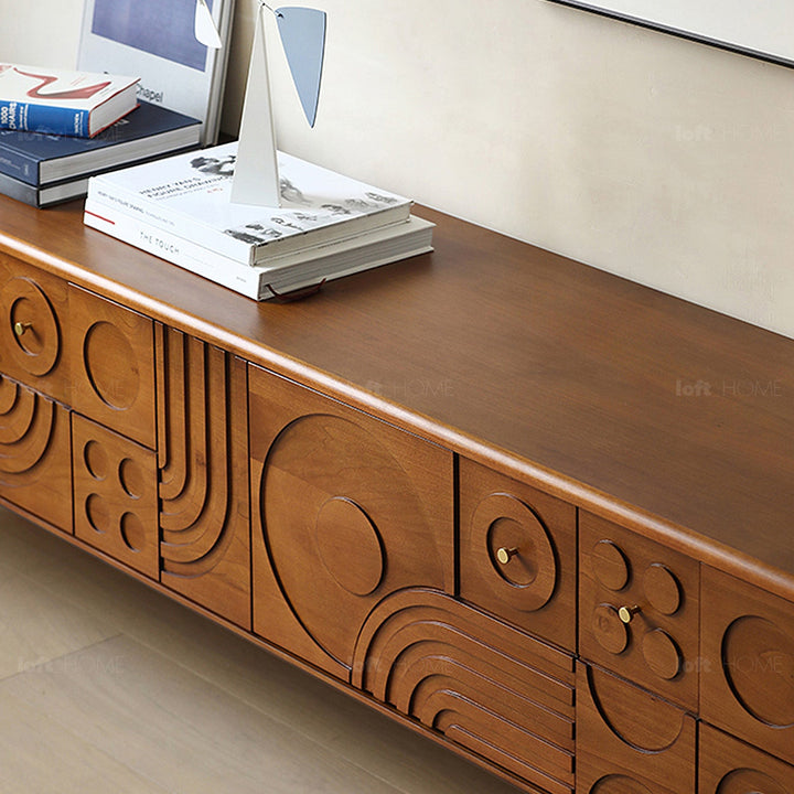 Vintage boxwood tv console madrid in close up details.