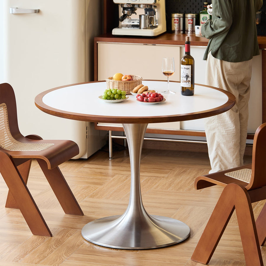 Bauhaus sintered stone stainless steel round dining table tulip primary product view.