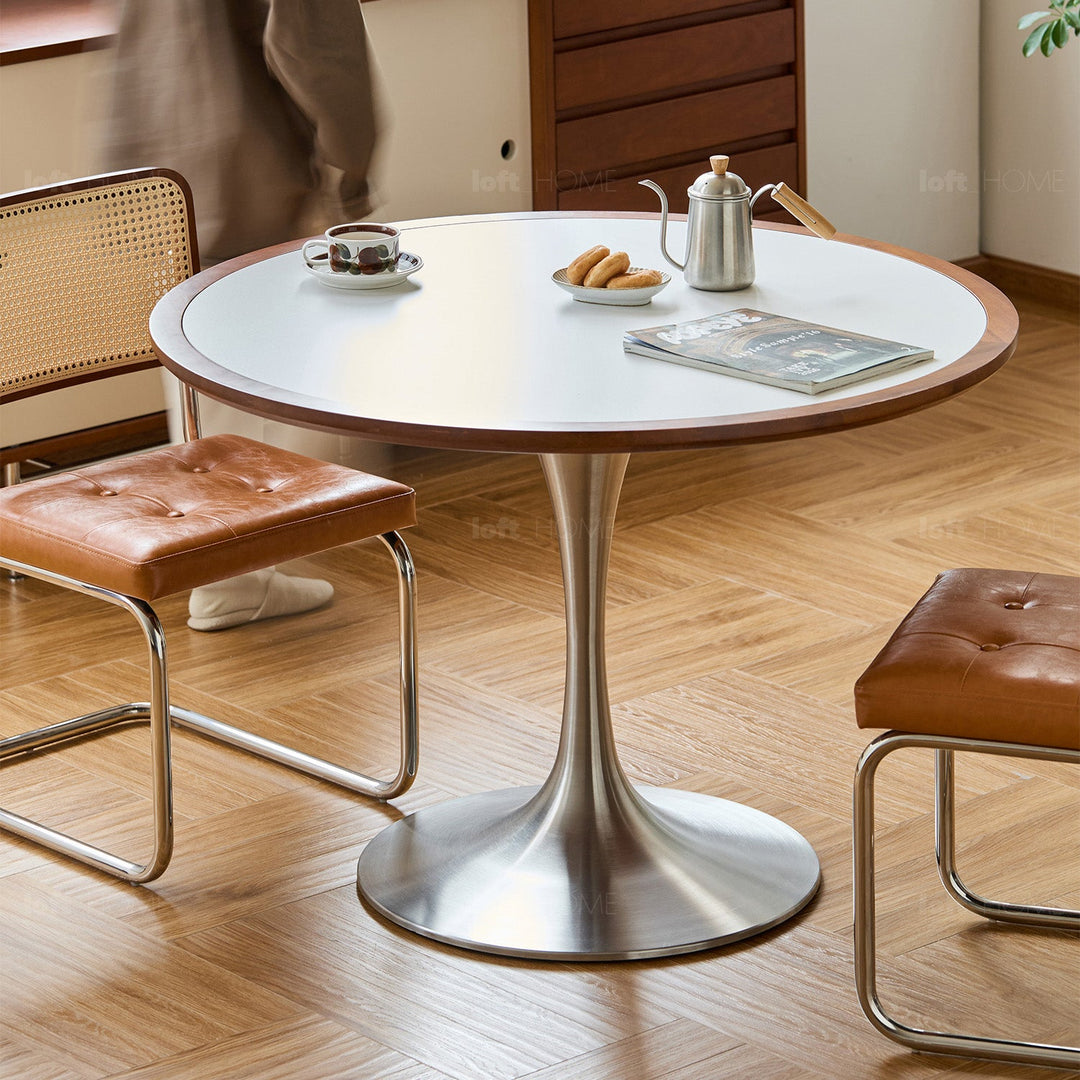 Bauhaus sintered stone stainless steel round dining table tulip detail 24.