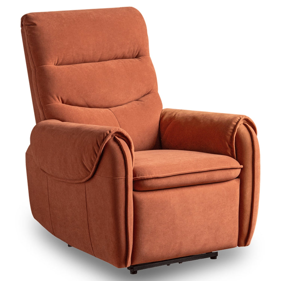 Vintage velvet fabric electric recliner 1 seater sofa ochre in white background.