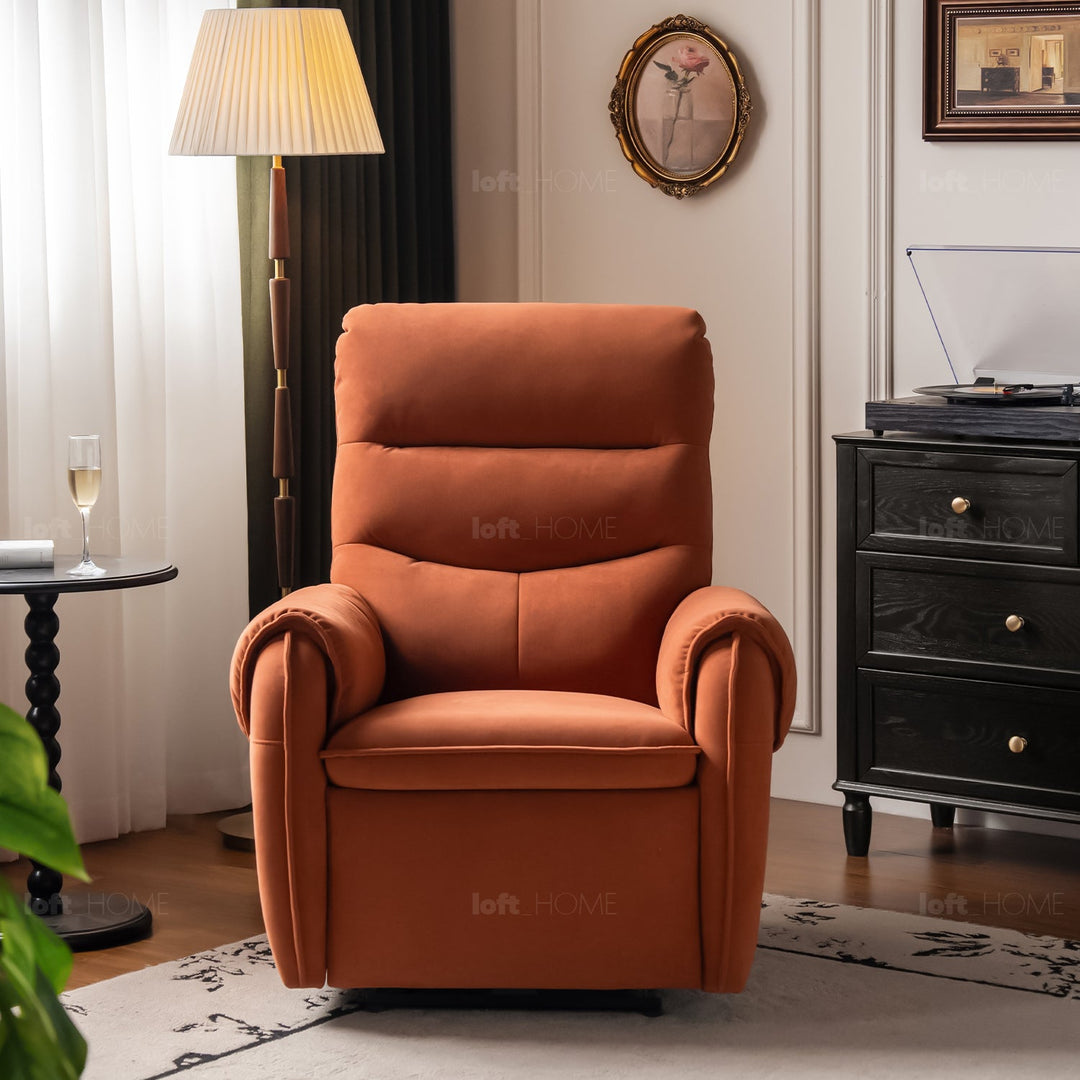 Vintage velvet fabric electric recliner 1 seater sofa ochre with context.